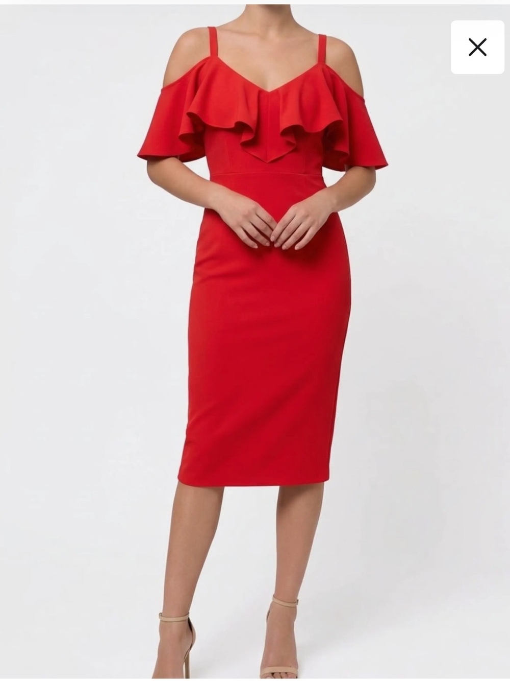 RACHEL Rachel Roy Red Cold-Shoulder Ruffle Midi Dress